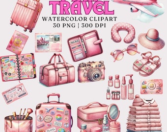 Puede incluir: Un conjunto de ilustraciones de acuarela rosa de artículos de viaje, que incluyen una maleta, un pasaporte, un billete de avión, una cámara, gafas de sol, sandalias y un diario de viaje. Las ilustraciones son perfectas para crear diseños digitales o impresos.