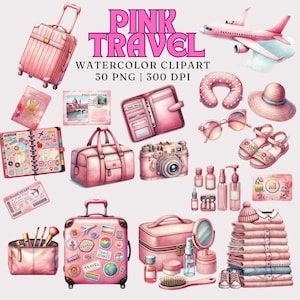 Roze aquarel clipartset reizen | 30 png-afbeeldingen | Commercieel gebruik | Reisbenodigdheden, bagage, accessoires | Digitale download | 300 dpi