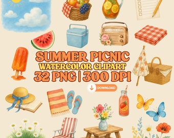 Summer Picnic Clipart Set: Watercolor Food, Floral Art (300 DPI PNG) [Commercial Use]