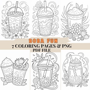 Printable Adult Boba Tea Coloring Book – 7 Bubble Tea Coloring Pages PDF & PNG – Cute Boba Line Art for Adults to Color