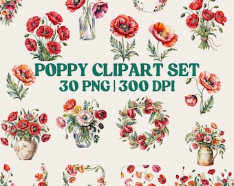 Watercolor Poppy Clipart Set: 30 PNG Floral Illustrations (Commercial Use)