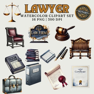 May include: Watercolor clipart set of 16 images related to law and legal services. The set includes a scale, a gavel, a law firm sign, a judge's chair, a stack of books, a court docket, a legal binder, a certificate, a notary seal, a scroll, and a briefcase. The images are in a watercolor style and are perfect for use in digital or printed projects.