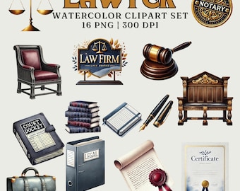 Lawyer Watercolor Clipart Set | 16 PNG Images | Commercial Use | Legal Tools, Law Firm Icons, Courtroom Elements |Digital Download | 300 DPI