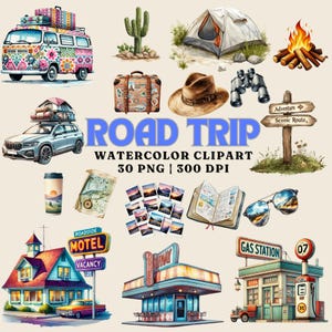 Clipart acquerello viaggio su strada - 30 file PNG, alta risoluzione 300 DPI / Illustrazioni di avventure, campeggio e viaggi per uso commerciale