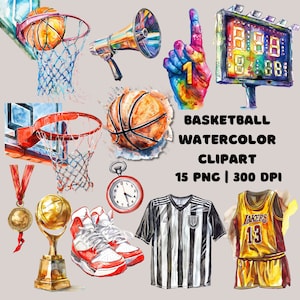 Basketball Aquarell Clipart Set | 15 PNG-Bilder | Kommerzielle Nutzung | Basketballkörbe, Jerseys, Trophäen, Schuhe | Digitaler Download | 300 DPI