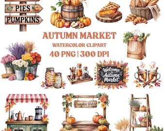 Clipart acquerello del mercato autunnale: pacchetto PNG del raccolto autunnale (uso commerciale)