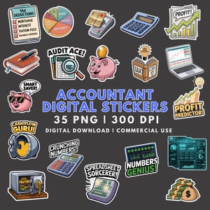 Paquete de pegatinas digitales para contables / 35 pegatinas PNG para planificadores financieros / Presupuesto, impuestos, ganancias, hojas de cálculo, dinero / 300 DPI / Uso comercial