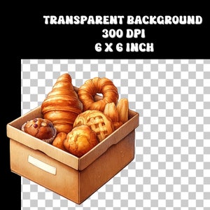 May include: A brown cardboard box filled with various pastries, including croissants, a donut, and a braided bread. The box is sitting on a transparent background.