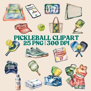May include: Watercolor clipart set featuring various pickleball equipment and accessories. Includes a court, paddles, balls, shoes, apparel, a scoreboard, and a phone displaying match stats. The text "PICKLEBALL CLIPART" is also visible.
