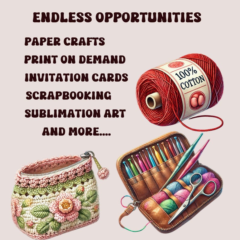May include: A collection of craft supplies including a red ball of 100% cotton yarn, a crocheted pouch with a floral design, and a brown leather case with colourful crochet hooks and balls of yarn.