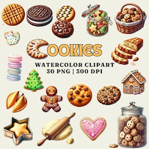 Ensemble de cliparts aquarelle de biscuits | 30 PNG | 300 ppp | Graphiques numériques de cookie pour le scrapbooking, la sublimation et une utilisation commerciale