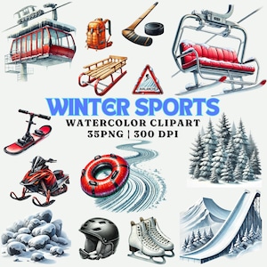 Clipart aquarelle de sports d'hiver - 35 fichiers PNG, 300 DPI, ski, snowboard, patinage sur glace, glissade sur tube, art numérique, usage Commercial