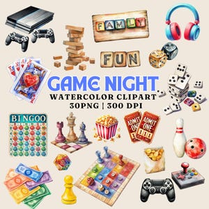 Clipart de acuarela de noche de juegos: 30 archivos PNG, 300 DPI de alta calidad / Diversión familiar, juegos de mesa, cartas y bocadillos / Uso comercial
