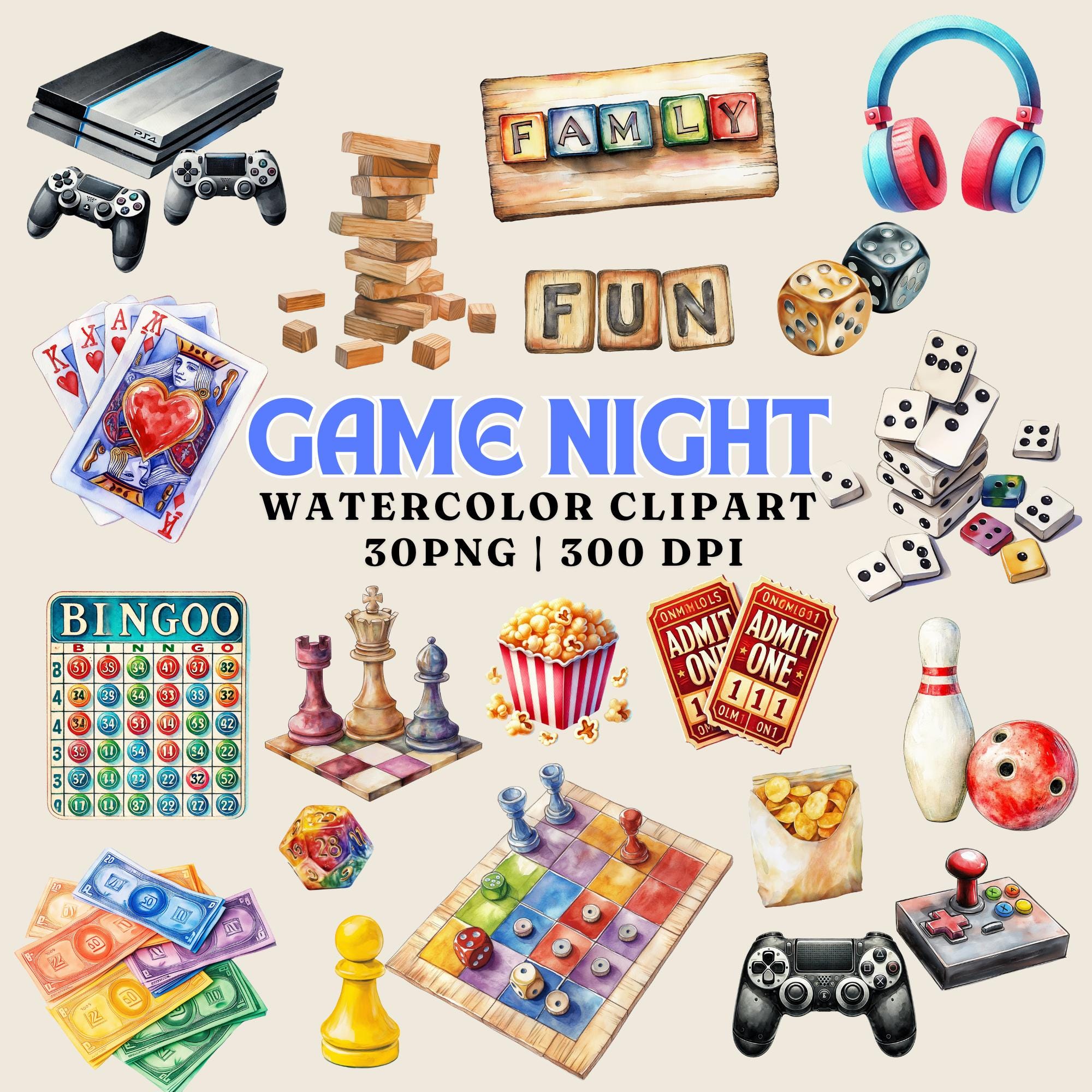 Game Night Watercolor Clipart: Board Games, Cards, Snacks (30 PNG Files)