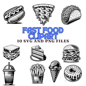 Vintage Fast Food Clipart Bundle | 10 Retro SVG & PNG Files | Commercial Use | Hot Dog, Pizza, Burger, Taco and more | Instant Download