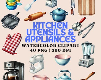 May include: A watercolor clipart set of kitchen utensils and appliances. The set includes a grater, rolling pin, oven mitt, spatula, pizza cutter, tongs, a set of measuring cups, a coffee maker, a stand mixer, a blender, a tea kettle, a wooden spoon, a cutting board, a frying pan, a bowl, a mug, and a pot.