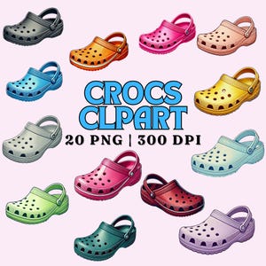Ensemble de cliparts crocodiles colorés – 20 graphiques de chaussures PNG | Téléchargement numérique pour travaux manuels, sublimation, autocollants et scrapbooking | 300 DPI | Usage commercial