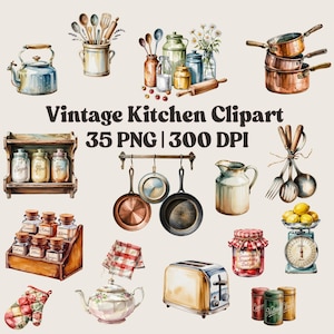 Vintage Kitchen Clipart PNG Bundle | Watercolor Retro Cooking Elements | Commercial Use| 35 Digital Graphics| 300 DPI | Instant Download