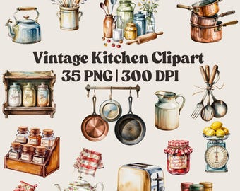 Vintage Kitchen Clipart Bundle: Retro Watercolor Cooking Graphics (300 DPI, Commercial Use, Digital Download)