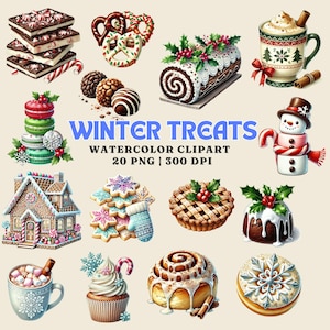 Conjunto de imágenes prediseñadas de acuarela de delicias invernales: 20 archivos PNG, postres y dulces navideños, pan de jengibre, chocolate caliente, repostería navideña, uso comercial