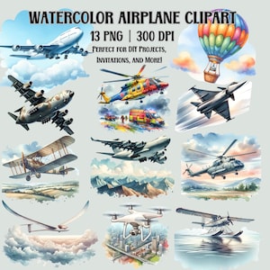 Aquarell Flugzeug Clipart Set | 13 PNG-Bilder | Kommerzielle Nutzung | Flugzeuge, Hubschrauber, Heißluftballon, Drone | Digitaler Download | 300 DPI