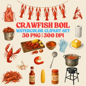 May include: Watercolor clipart set featuring a crawfish boil theme. Includes images of crawfish, a pot, apron, spices, corn, and other related items. The text "CRAWFISH BOIL WATERCOLOR CLIPART SET" is displayed.