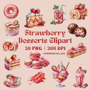 Strawberry Dessert Clipart Set: Cakes, Donuts, Macarons (30 PNG, 300DPI)