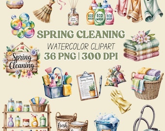 Spring Cleaning Watercolor Clipart | Eco Laundry, Home Decor (36 PNG)