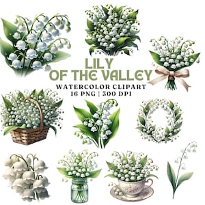 Ensemble de cliparts aquarelle muguet - 16 images PNG, graphiques floraux, décoration de mariage, faire-part, travaux manuels, usage commercial, 300 DPI