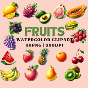 Ensemble de cliparts aquarelle de fruits | 30 images PNG | Usage commercial | Fruits tropicaux, baies, agrumes |Téléchargement numérique | 300 ppp haute résolution