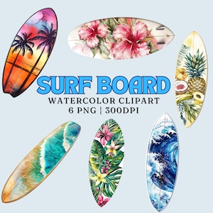 Surf Board Watercolor Clipart Set | 6 PNG Images | Commercial Use | Tropical, Beach, Ocean, Summer Designs | Digital Download | 300 DPI