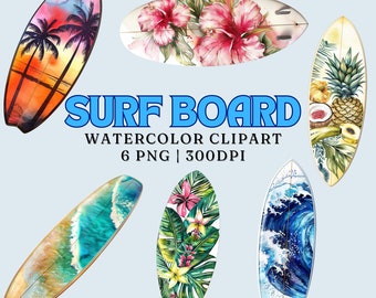 Surfboard Watercolor Clipart Set: Tropical Beach Designs (Digital Download)