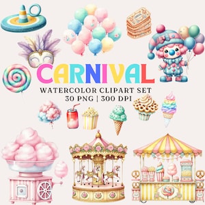 Pastel Carnival Watercolor Clipart Set |30 PNG Images| Commercial Use |Cotton Candy, Clown, Balloons,Food Stalls | Digital Download| 300 DPI