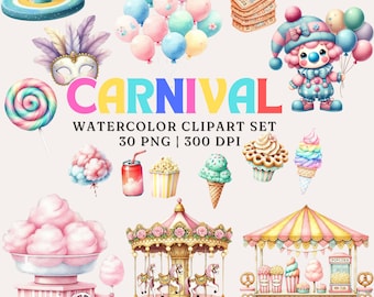 Pastel Carnival Watercolor Clipart Set |30 PNG Images| Commercial Use |Cotton Candy, Clown, Balloons,Food Stalls | Digital Download| 300 DPI