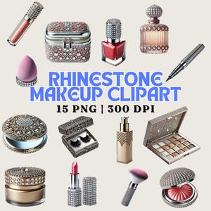 Set di clipart di trucco con strass - 15 file PNG, grafica cosmetica glamour, alta risoluzione 300 DPI, design scintillante, uso commerciale