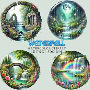 Enchanting Waterfall Watercolor Clipart Set | 15 PNG Images| Commercial Use| |Nature Landscapes, Mystical Forests,Garden Waterfalls |300 DPI