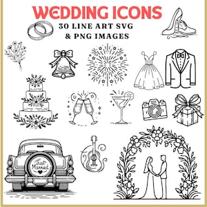 Wedding Icons Line Art SVG & PNG Clipart Set - 30 Digital Images, Bridal Shower, Invitations, DIY Crafts, Commercial Use, Instant Download