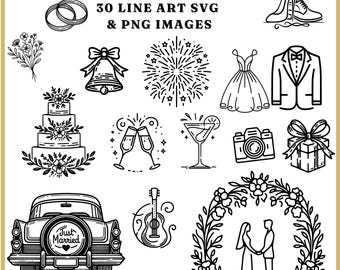 Wedding Icons Line Art – SVG & PNG Clipart Set (30 Digital Images)