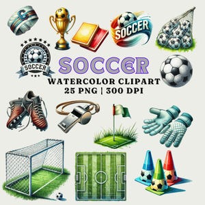 Voetbal aquarel clipart set-25 PNG sportafbeeldingen, voetbalveld, doel, trofee, fluitje, digitale download, commercieel gebruik, 300 DPI