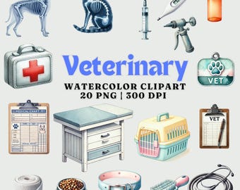 Veterinary Watercolor Clipart: Pet Clinic Illustrations (20 PNGs) (Digital Download)