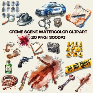 Conjunto de imágenes prediseñadas de acuarela de la escena del crimen / 20 PNG / Uso comercial / Herramientas de detective, Salpicaduras de sangre, Placa de policía / Descarga digital / 300 DPI