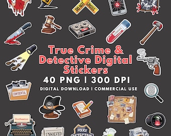 True Crime Detective Stickers: 40 PNG Clipart Designs (Digital Download)