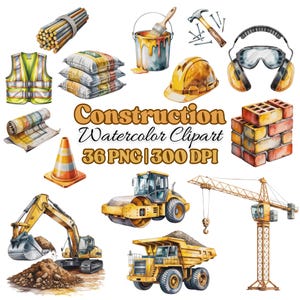 Può includere: Set di clipart ad acquerello con illustrazioni a tema costruzione. Include un casco giallo, un giubbotto di sicurezza, mattoni, una gru e veicoli da costruzione. Il testo recita "Construction Watercolor Clipart 36 PNG | 300 DPI."