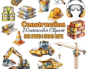 Watercolor Construction Clipart Bundle: Tools & Vehicles (Digital Download)