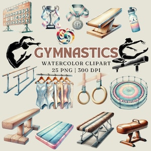 Gymnastik Aquarell Clipart Set | 25 PNG-Bilder | Kommerzielle Nutzung | Schwebebalken, Trikotagen, Medaillen, Turngeräte, Athleten | 300 DPI