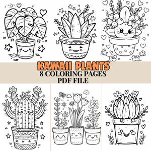 Kleurplaten Kawaii planten voor kinderen en volwassenen | 8 schattige plantenkleurplaten pdf | Leuke afdrukbare activiteit voor ontspanning en creativiteit