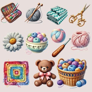May include: A collection of colourful yarn, crochet hooks, and other supplies for knitting and crocheting. There is a crocheted daisy, a crocheted teddy bear, and a basket full of yarn balls.