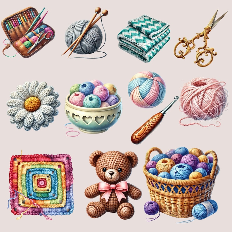 May include: A collection of colourful yarn, crochet hooks, and other supplies for knitting and crocheting. There is a crocheted daisy, a crocheted teddy bear, and a basket full of yarn balls.