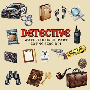 Detective Watercolor Clipart Set | 32 PNG Images | Commercial Use | Crime Scene, Evidence, Investigation Tools | Digital Download | 300 DPI