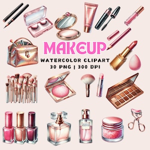 Make-up aquarel clipart, 30 png-bestanden, 300 dpi, schoonheidsproducten, lippenstift, penselen, glamour digitale kunst, cosmetische clipart, commercieel gebruik